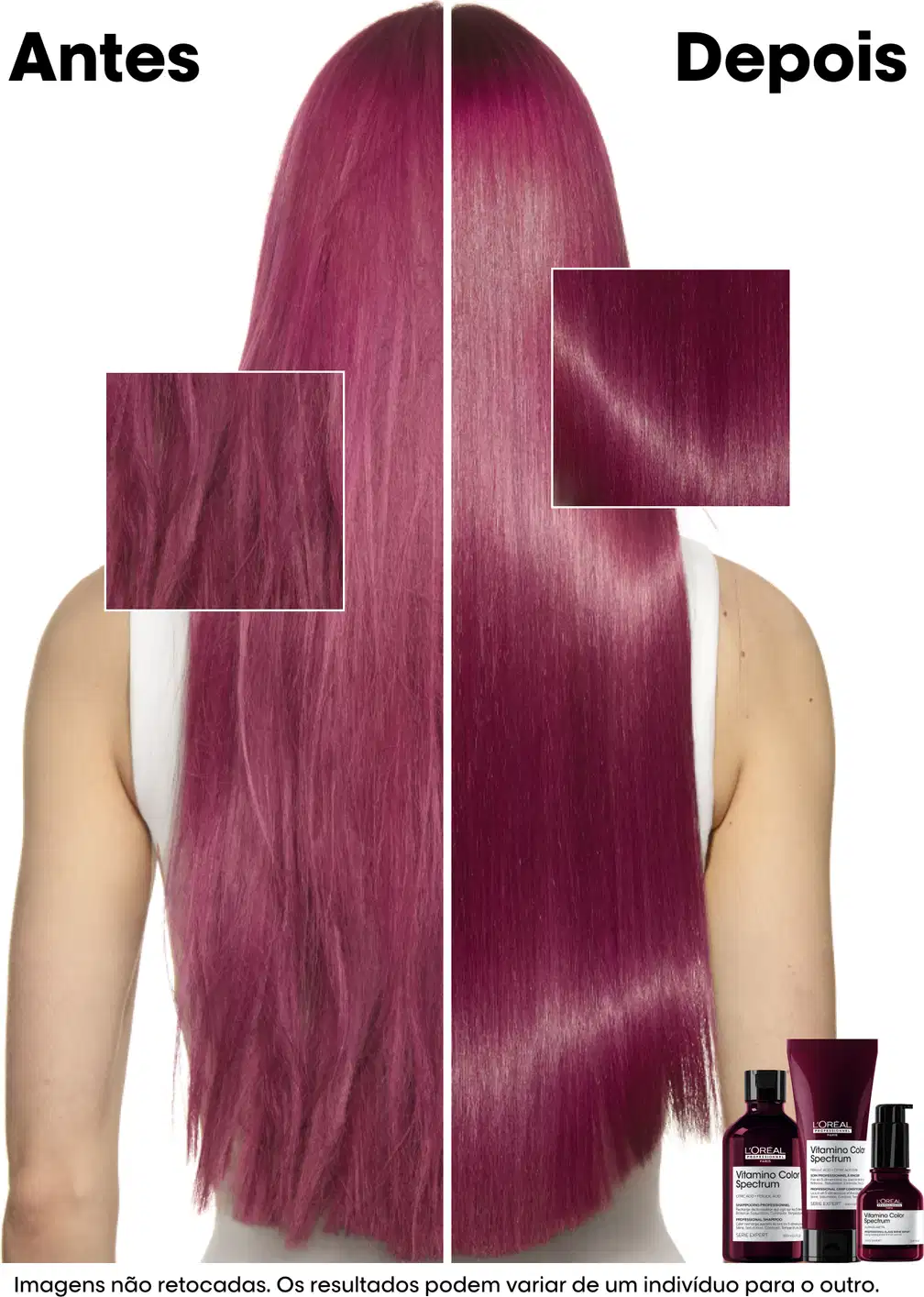 antes e depois do uso dos produtos da linha Vitamino Color Spectrum