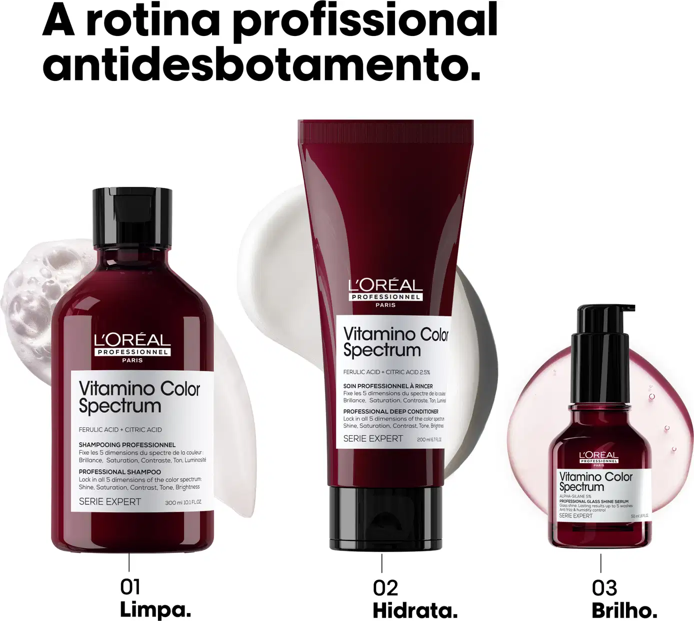 A rotina profissional antidesbotamento: 01 Shampoo - Limpa; 02 Condicionador - Hidrata; 03 Sérum - Brilho.