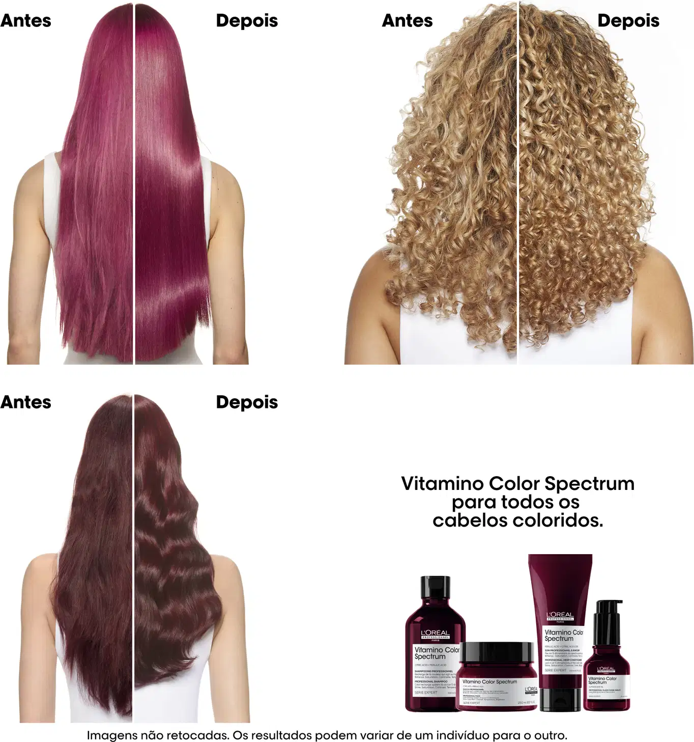 A imagem mostra resultados de antes e depois do uso dos produtos da linha Vitamino Color Spectrum