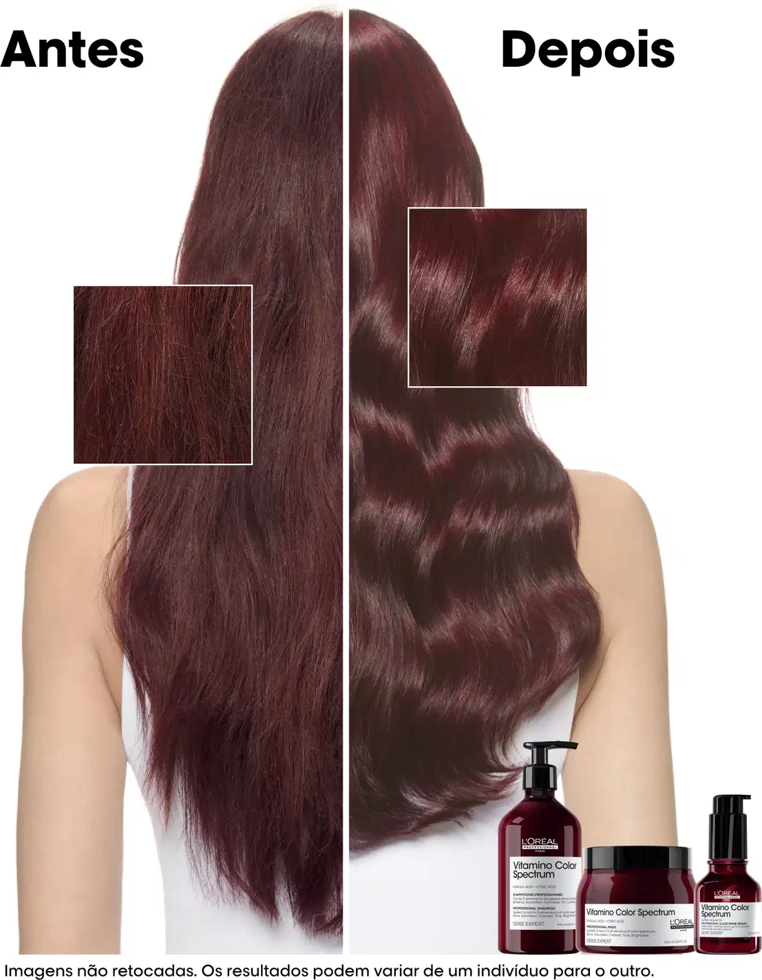 antes e depois do uso dos produtos da linha Vitamino Color Spectrum