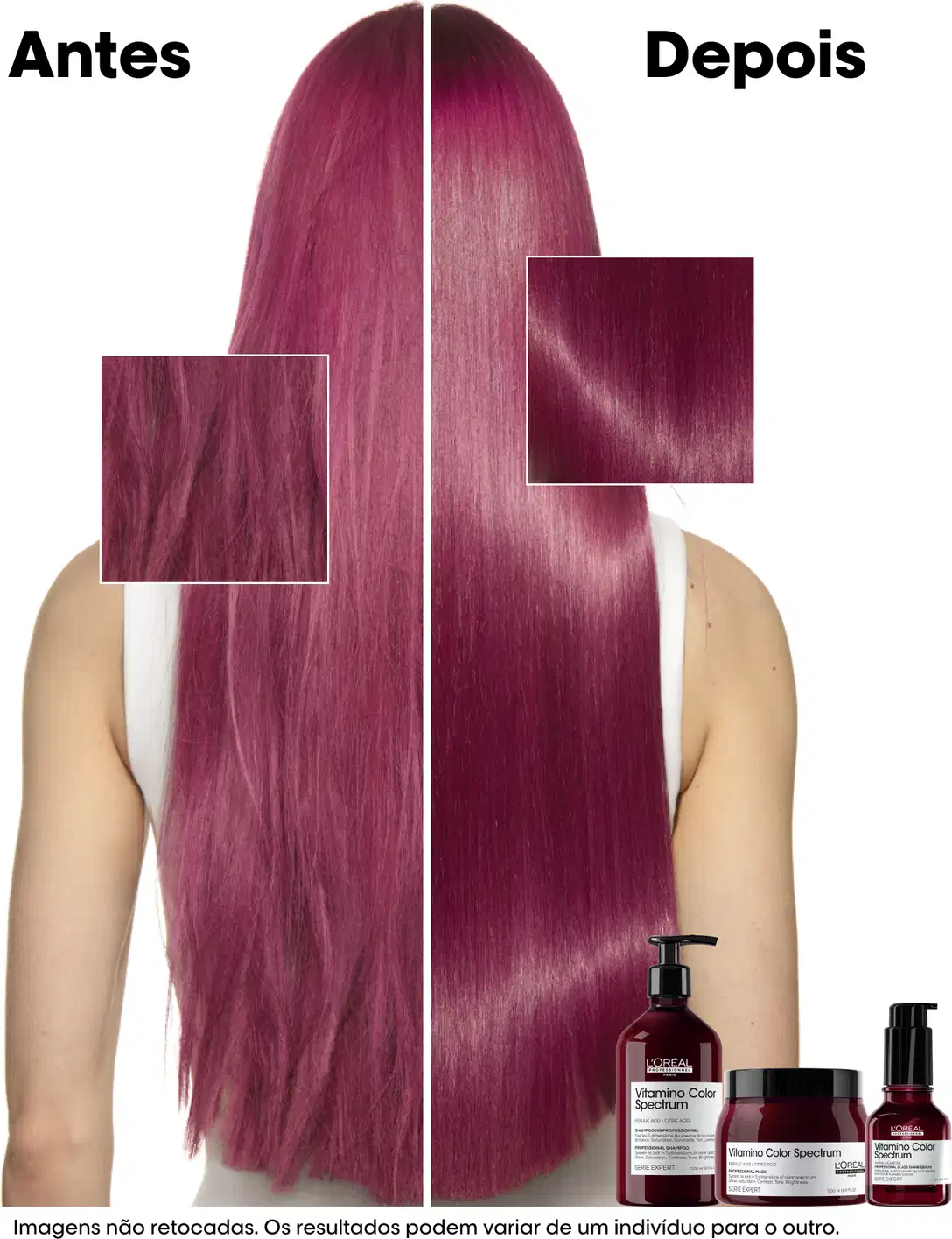 antes e depois do uso dos produtos da linha Vitamino Color Spectrum