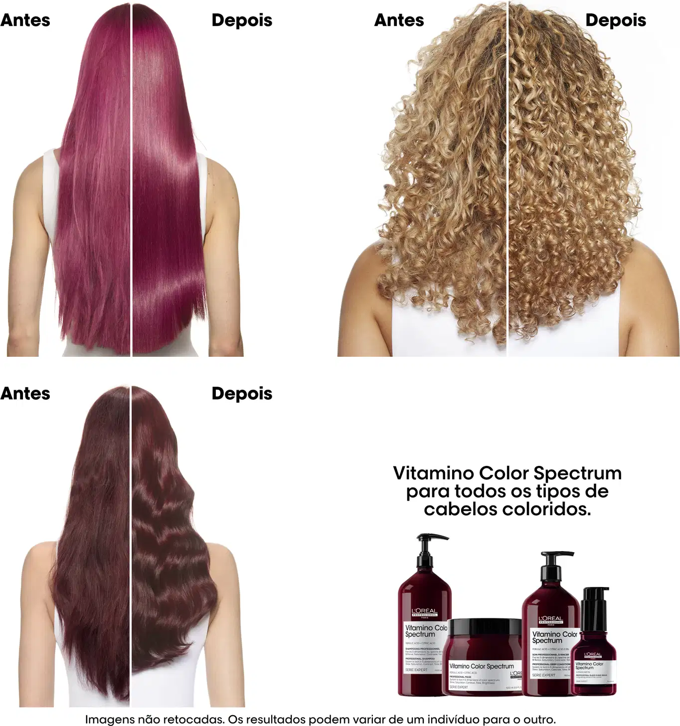 A imagem mostra resultados de antes e depois do uso dos produtos da linha Vitamino Color Spectrum