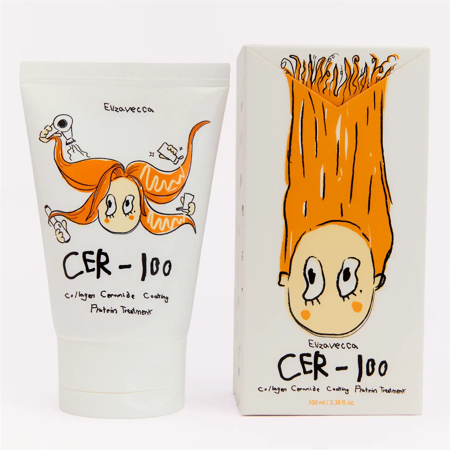 Produto de tratamento capilar Elizavecca CER-100, com embalagem em caixa branca e tubo de creme com ilustrações laranja e amarelas, contendo 100 ml do produto.