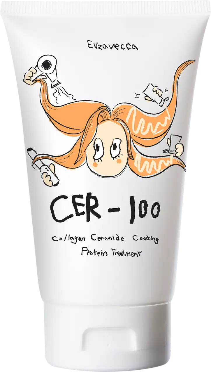 Tubo branco com ilustração de personagem e texto "CER-100 Collagen Ceramide Coating Protein Treatment". Produto de tratamento capilar da marca Elizavecca