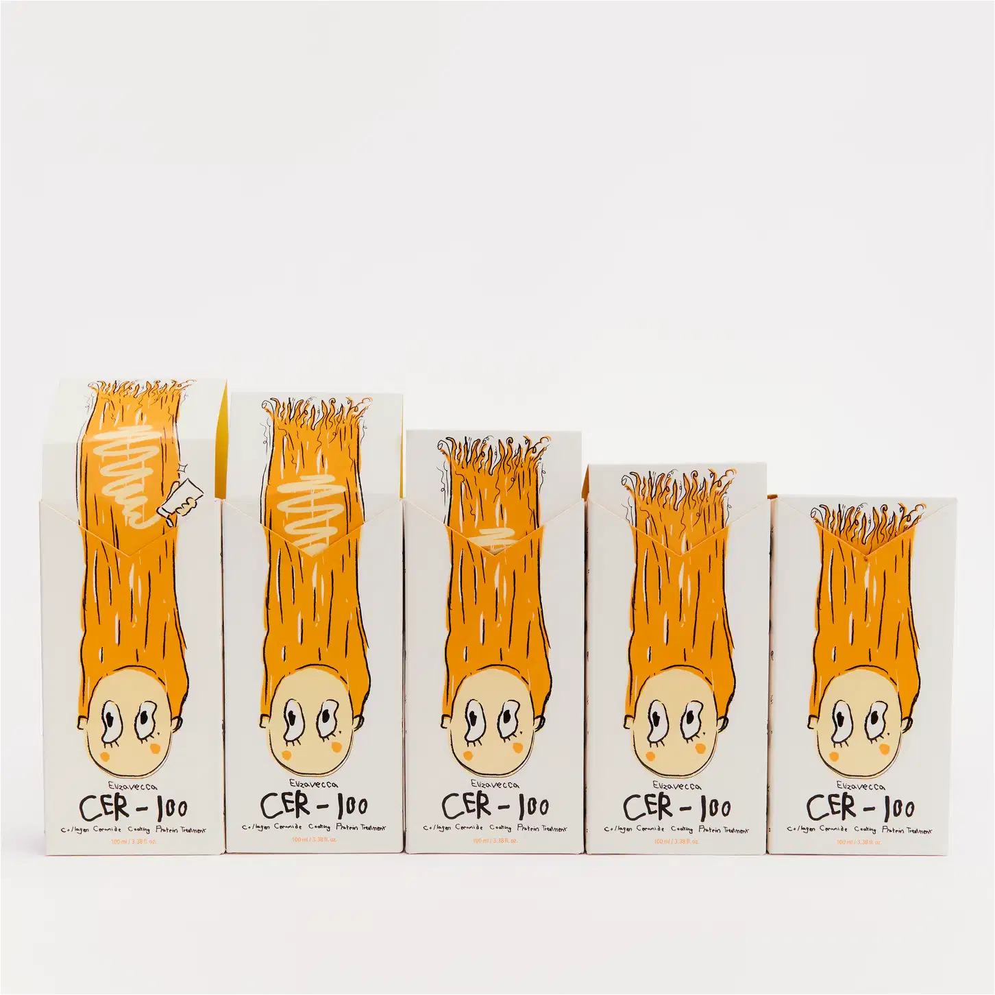 Cinco caixas de produtos de beleza da marca Elizavecca, com embalagens retangulares em tons de laranja e branco, exibindo o nome "CER-100" e ilustrações de rostos estilizados.