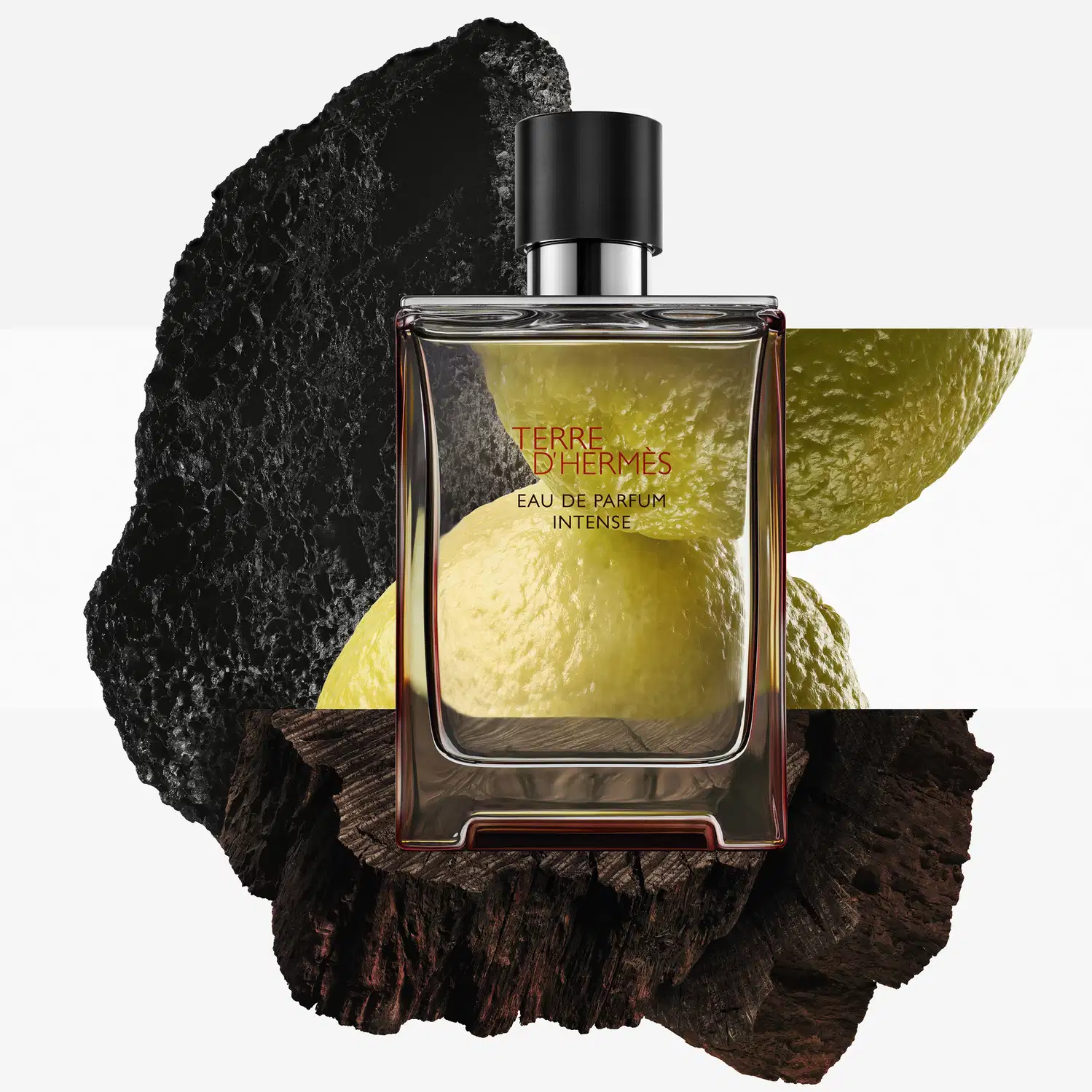 Frasco de perfume Terre d'Hermès Eau de Parfum Intense, com embalagem preta e detalhes em metal, apresentado sobre fundo com elementos naturais como pedra e limão.