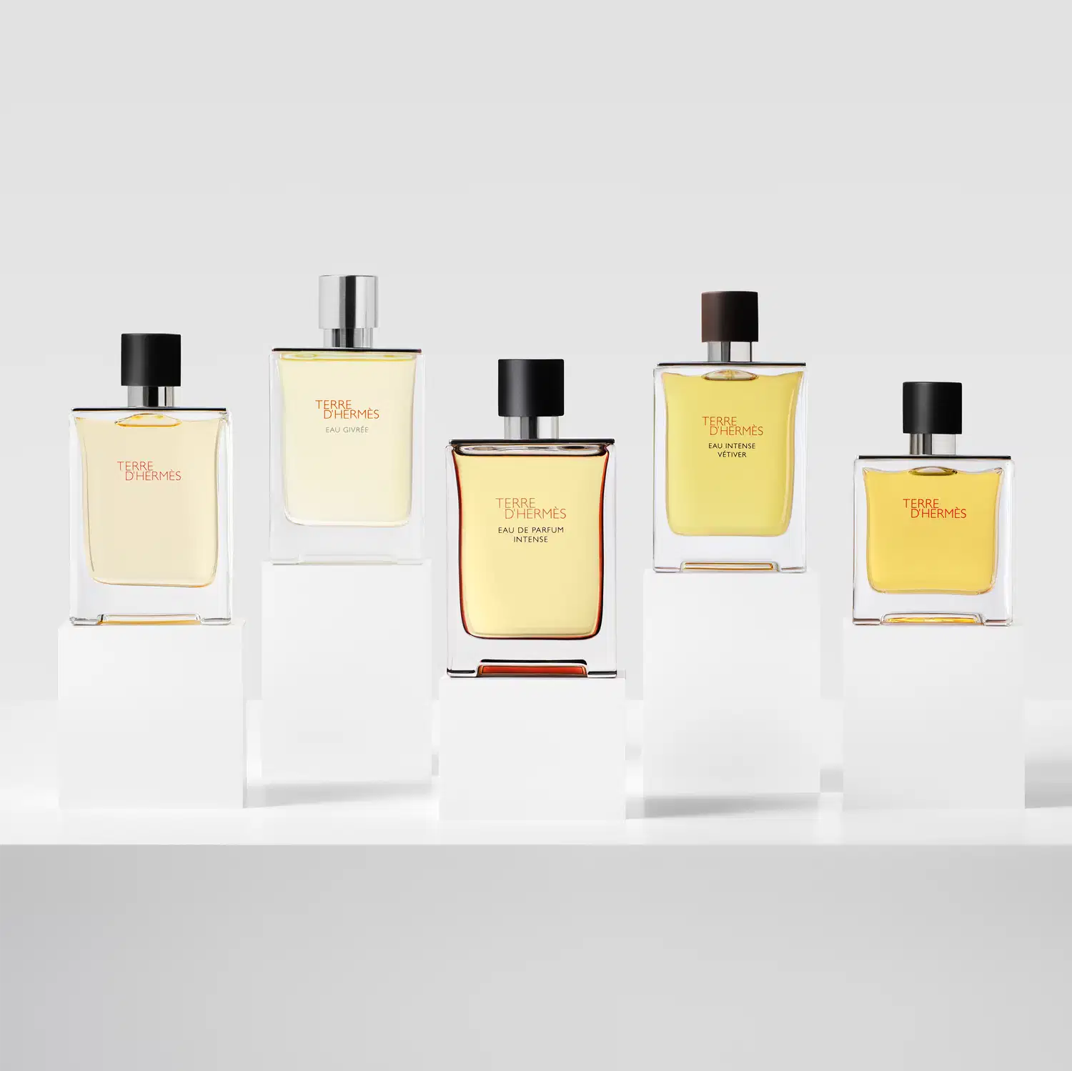 Cinco frascos de perfume da marca Hermès, com embalagens em tons de amarelo e preto, exibindo o nome da fragrância "Terre d'Hermès" em diferentes apresentações.