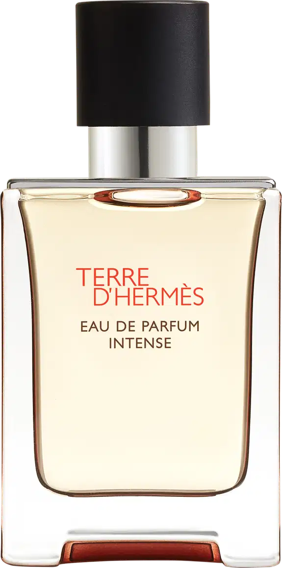 Frasco de perfume Terre d'Hermès Eau de Parfum Intense, com embalagem de vidro transparente e tampa preta. Rótulo em vermelho com o nome da fragrância em destaque.