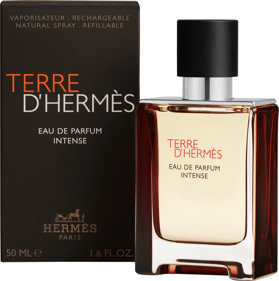 Frasco de perfume Terre d'Hermès Eau de Parfum Intense em embalagem preta e laranja, com texto em francês e inglês. Recipiente retangular com tampa preta e detalhes metálicos.