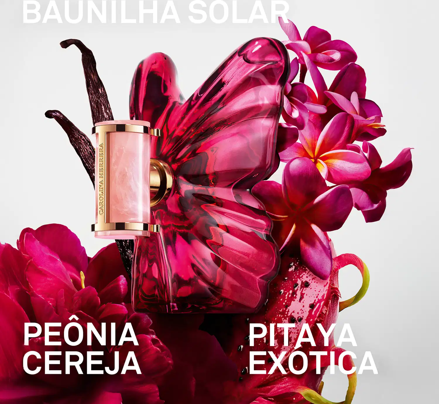 Frasco de perfume Carolina Herrera em formato de borboleta, com embalagem de vidro rosa intenso e detalhes dourados no rótulo.