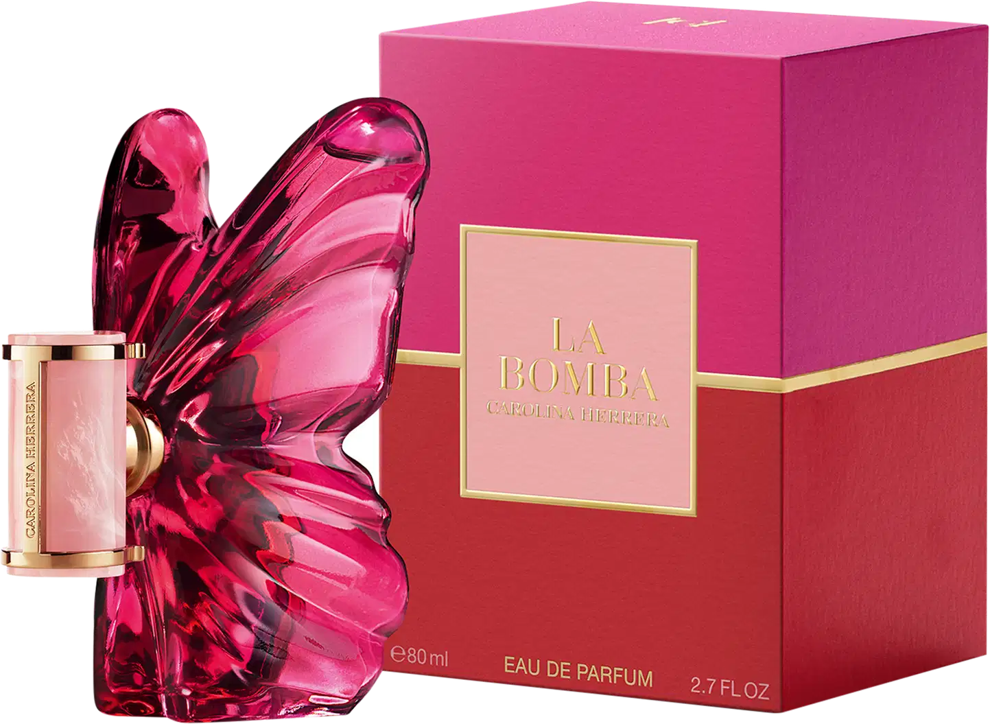 Frasco de perfume Carolina Herrera em formato de borboleta, com embalagem de vidro rosa intenso e detalhes dourados no rótulo.