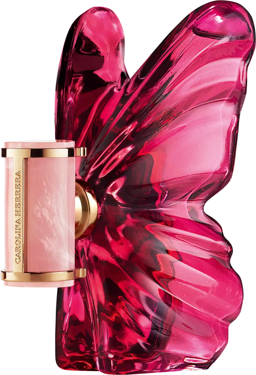 Frasco de perfume Carolina Herrera em formato de borboleta, com embalagem de vidro rosa intenso e detalhes dourados no rótulo.