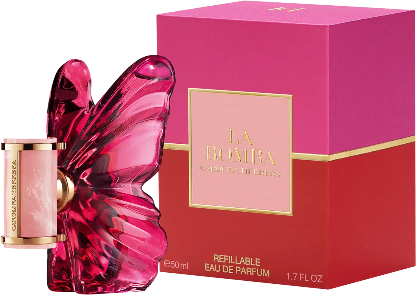 Frasco de perfume Carolina Herrera em formato escultural e vibrante na cor rosa, com rótulo dourado destacado contra fundo preto.