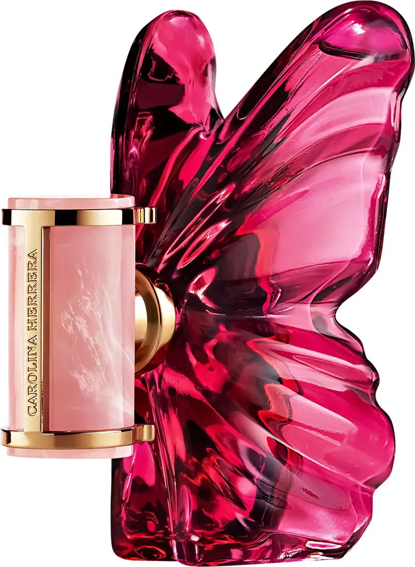 Frasco de perfume Carolina Herrera em formato de borboleta, com tampa dourada e corpo em tom de rosa intenso, destacando a elegância e sofisticação da marca.