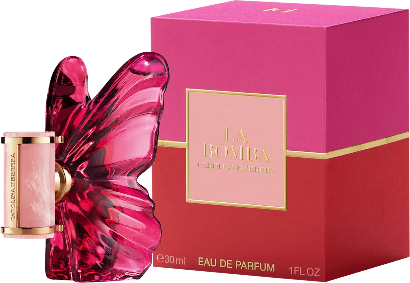 Frasco de perfume Carolina Herrera em formato de borboleta, com tampa dourada e corpo em tom de rosa intenso, destacando a elegância e sofisticação da marca.