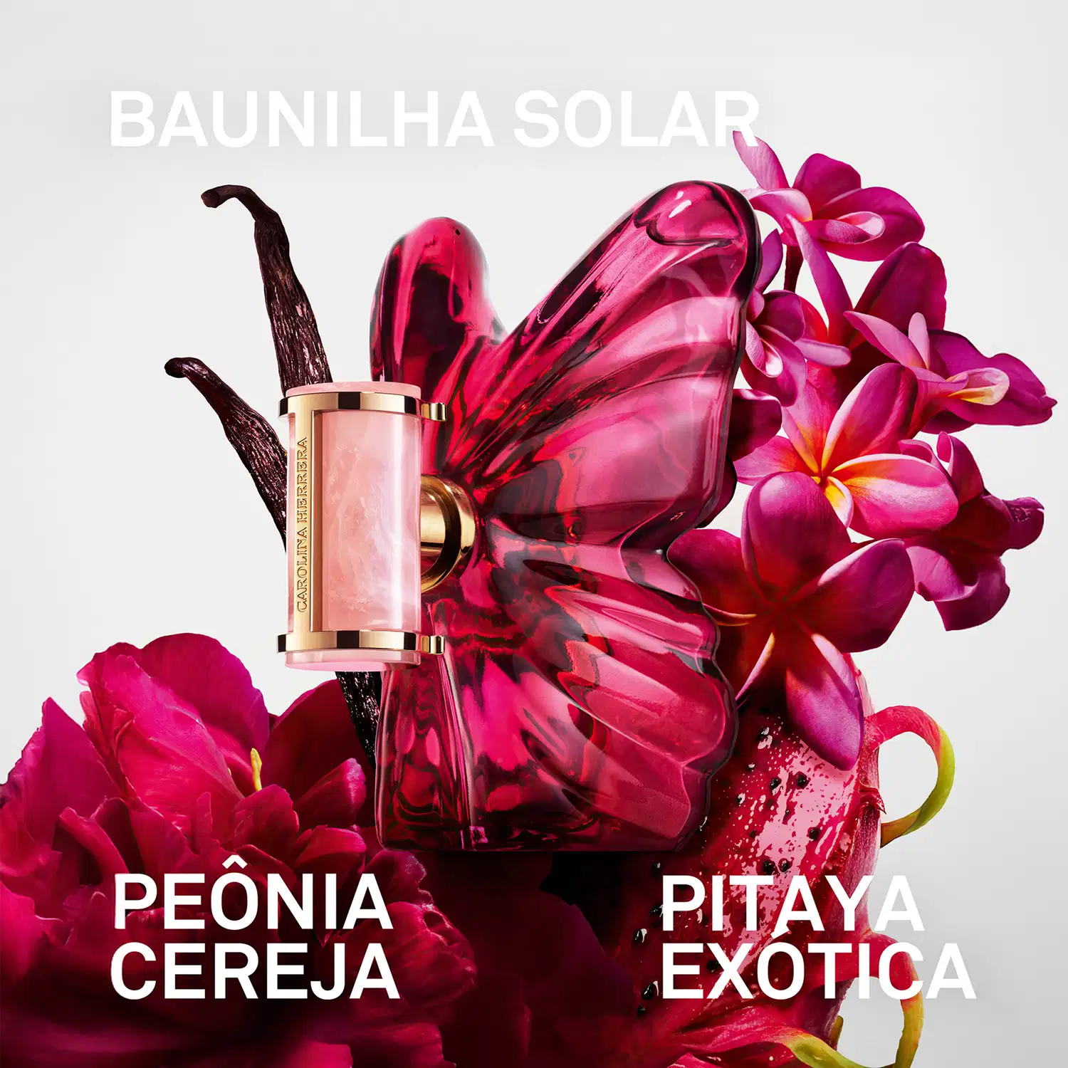 Frasco de perfume Carolina Herrera em formato de borboleta, com tampa dourada e corpo em tom de rosa intenso, destacando a elegância e sofisticação da marca.
