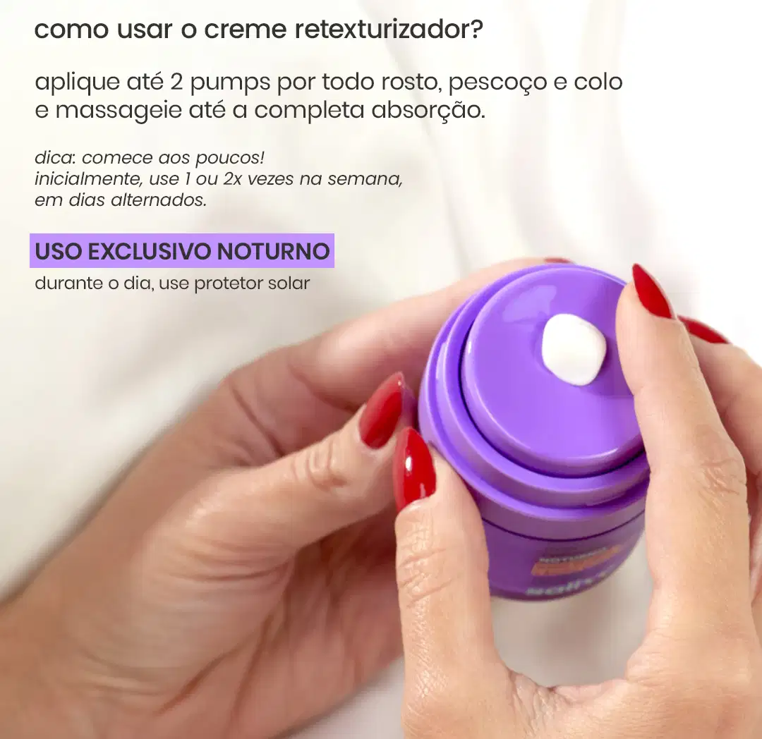 O produto de beleza Sallve é um creme retexturizador apresentado em uma embalagem roxa, com instruções de uso e aplicação em um ambiente de cuidados pessoais. A imagem mostra uma mão aplicando o produto, com destaque para a textura e consistência do creme