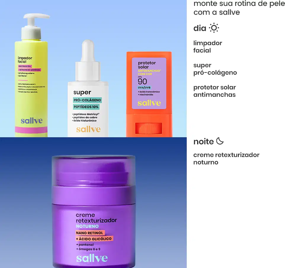 Ambiente de produtos de beleza da marca Sallve, com itens para cuidados diários e noturnos da pele, como limpador facial, protetor solar e creme retexturizador, em cores vibrantes como amarelo, laranja e roxo.
