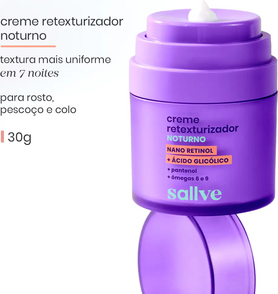 Creme retexturizador noturno da marca Sallve, em embalagem roxa com detalhes em laranja, contendo informações sobre seus ingredientes e benefícios para rosto, pescoço e colo, com volume de 30g.