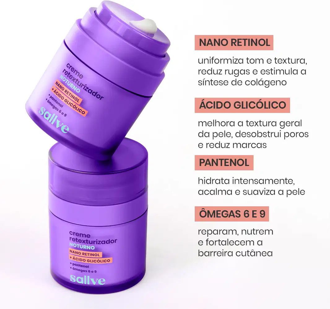 Creme retexturizador Sallve, com embalagem roxa em formato cilíndrico. O rótulo destaca os ingredientes-chave, como nano retinol, ácido glicólico, pantenol e ômegas 6 e 9, que prometem uniformizar a textura, reduzir rugas e estimular a síntese de colágeno