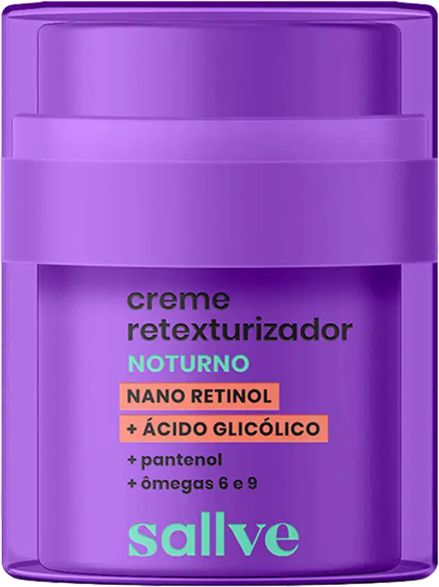Creme retexturizador noturno Sallve com nano retinol, ácido glicólico, pantenol e ômegas 6 e 9, em embalagem roxa com rótulo destacado.
