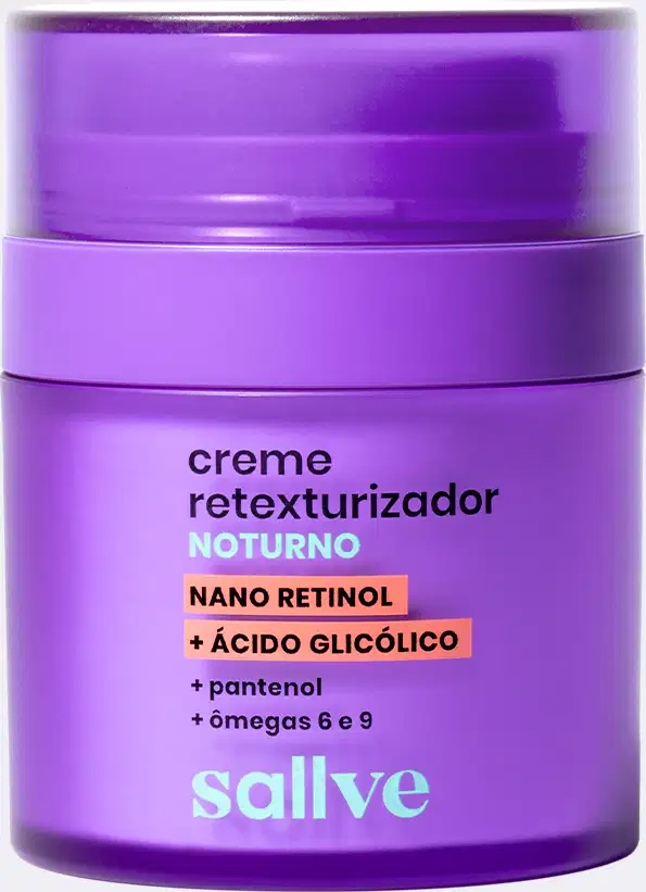 Creme retexturizador noturno Sallve com nano retinol, ácido glicólico, pantenol e ômegas 6 e 9, em embalagem roxa com rótulo destacado.