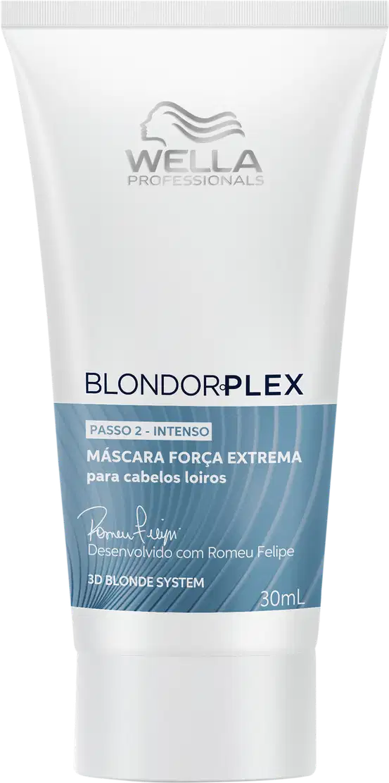 Tubo branco de 30 ml da linha Blondorplex da Wella Professionals, com rótulo azul e prata indicando "Máscara força extrema para cabelos loiros".