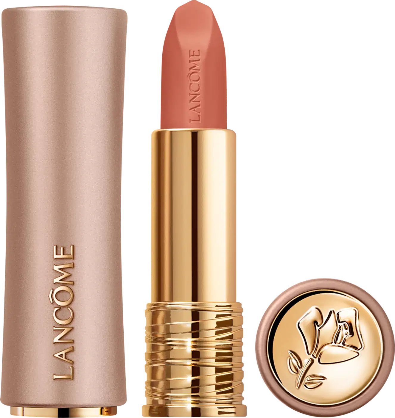 Embalagem dourada e rosa de um batom da marca Lancôme, com o nome da marca em relevo. O batom possui uma cor coral vibrante e a tampa da embalagem apresenta um desenho floral dourado.