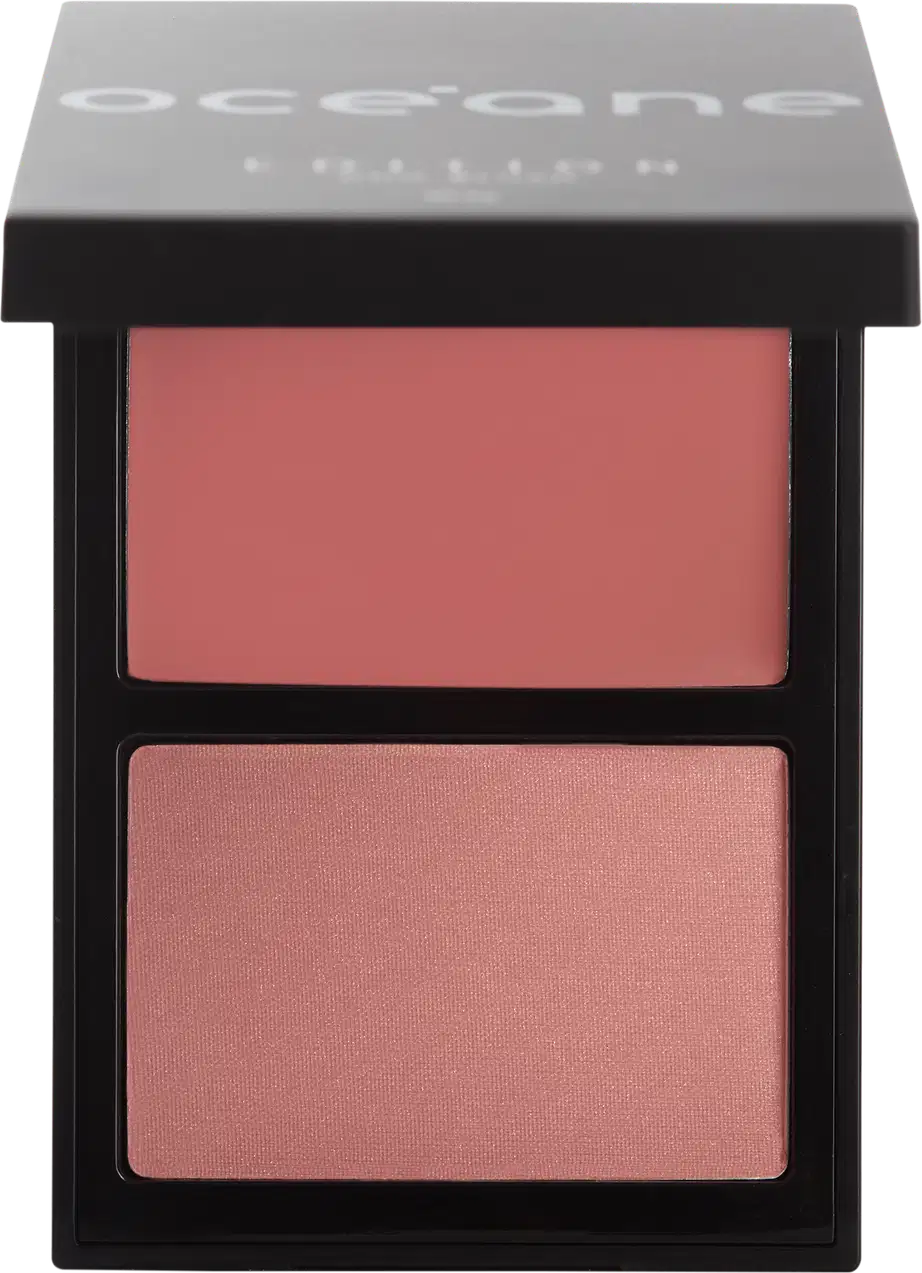 Paleta Océane contendo dois compartimentos de blush em tons de rosa, apresentando uma paleta compacta e elegante de maquiagem.
