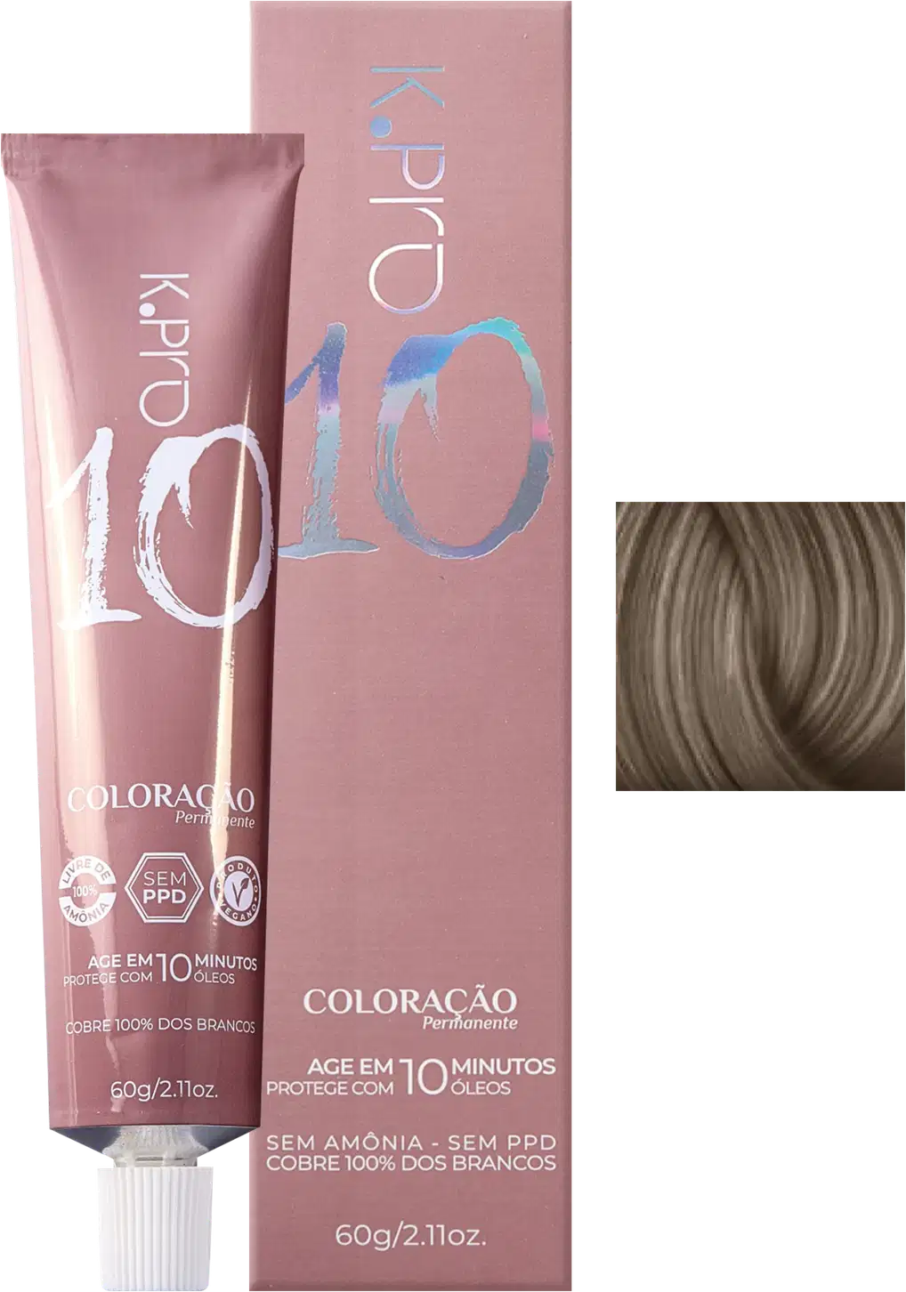 Caixa e tubo de tintura de cabelo da marca K.pro, com texto "Coloração" e "Age em 10 minutos". Embalagem em tons de rosa e prateado/branco, com informações sobre a composição do produto.