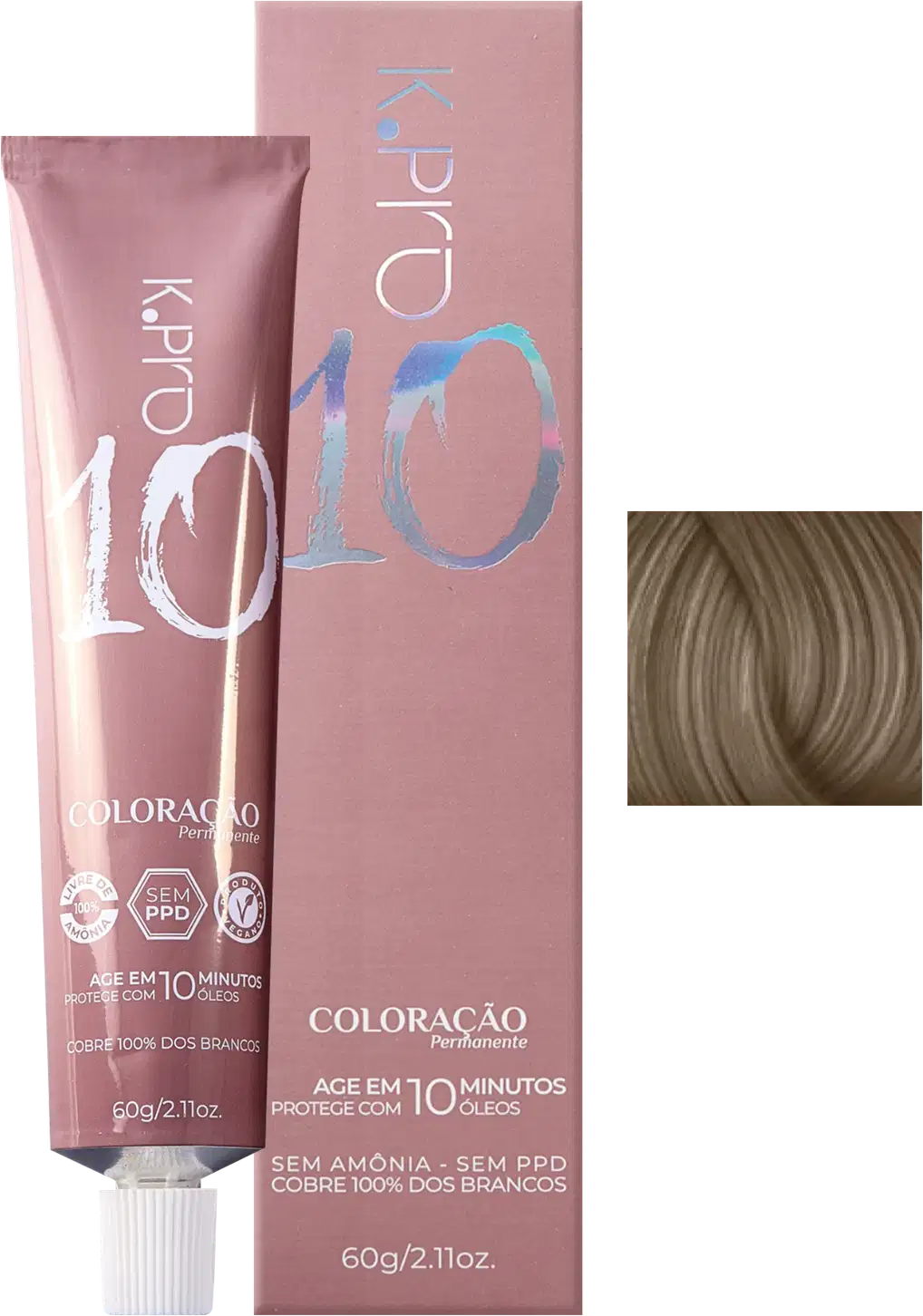 Caixa e tubo de tinta de cabelo da marca K.pro, na cor loiro, com informações sobre a fórmula sem amônia e PPD, e proteção com 10 óleos durante 10 minutos.