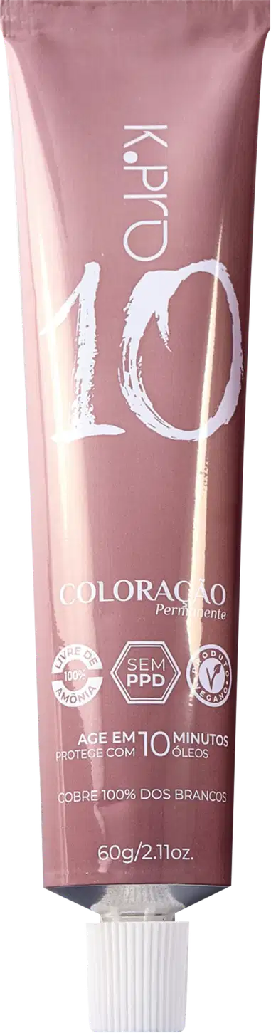 Caixa e tubo de tintura de cabelo da marca K.pro, com texto "Coloração" e "Age em 10 minutos". Embalagem em tons de rosa e prateado/branco, com informações sobre a composição do produto.