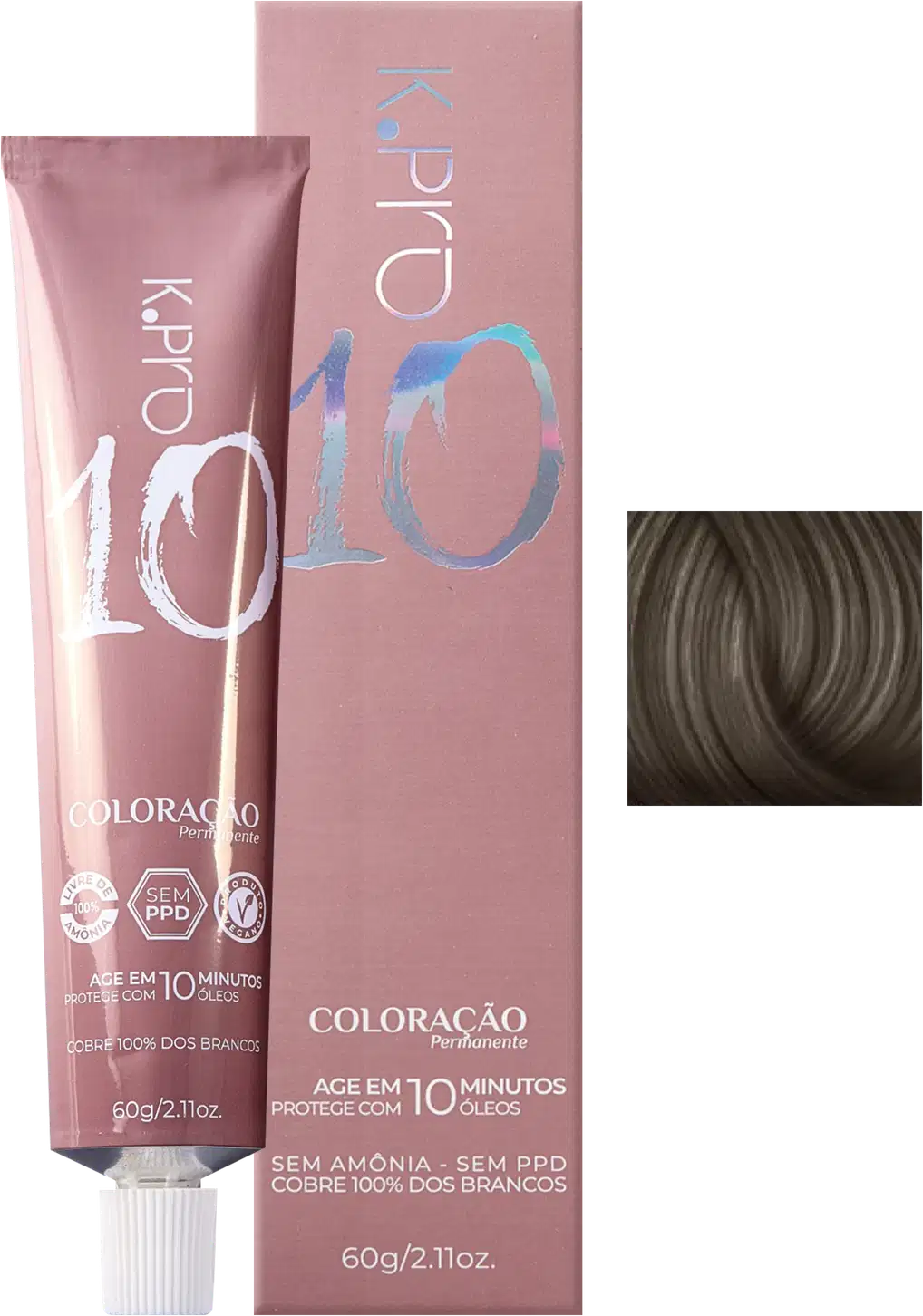 Caixa e tubo de tintura de cabelo da marca K.pro, com texto "Coloração" e "Age em 10 minutos". Embalagem em tons de rosa e prateado/branco, com informações sobre a composição do produto.