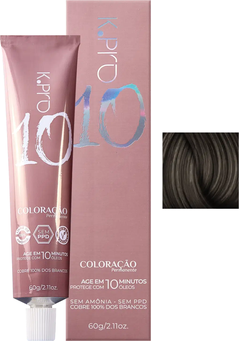 Caixa e tubo de tintura de cabelo da marca K.pro, com texto "Coloração" e "Age em 10 minutos". Embalagem em tons de rosa e prateado/branco, com informações sobre a composição do produto.