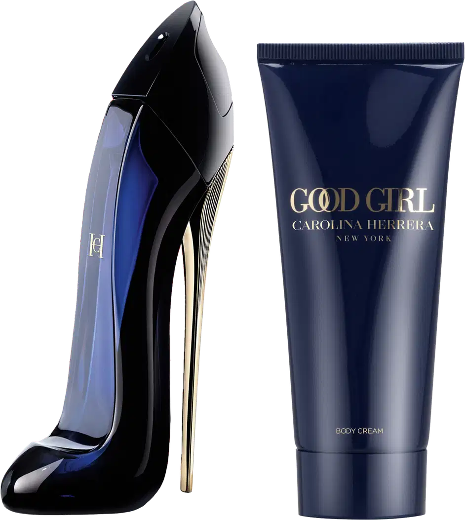 Frasco de perfume preto e azul da marca Carolina Herrera "Good Girl" e tubo de creme corporal da mesma marca em azul escuro, com texto dourado.