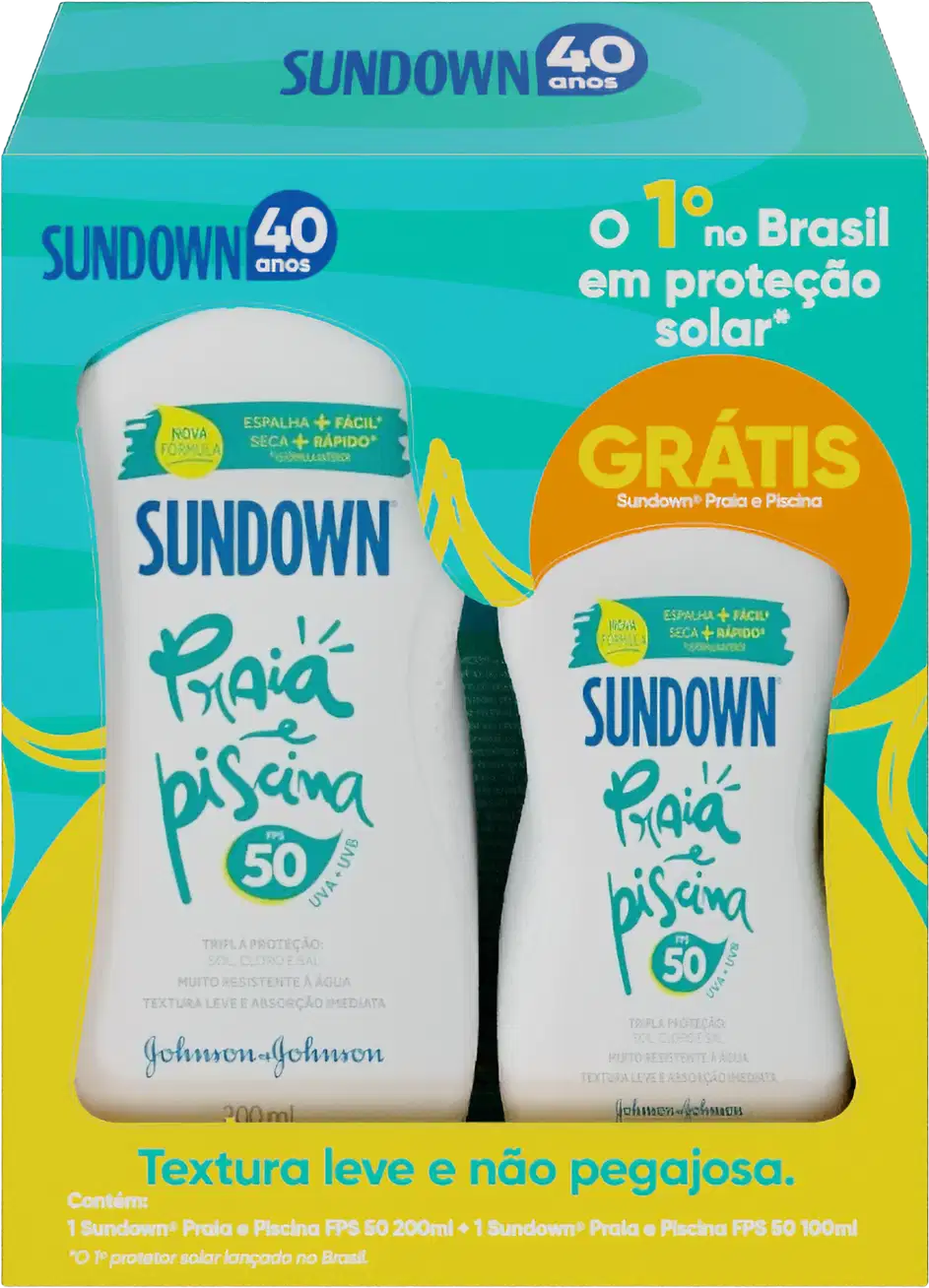Kit com protetores solares Praia e Piscina FPS 50, da marca Sundown.