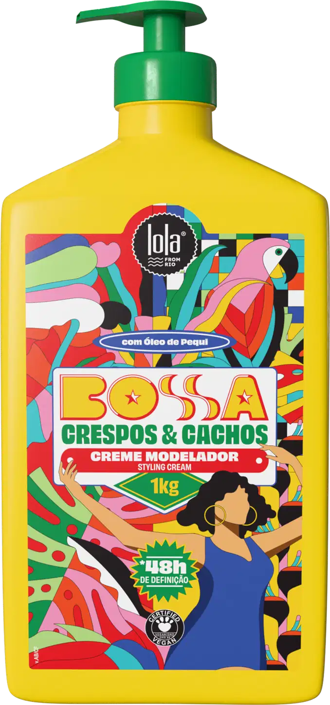 Creme modelador Bossa Crespos & Cachos da marca Lola From Rio, em embalagem plástica amarela com detalhes coloridos e ilustrações de uma mulher com cabelos cacheados.