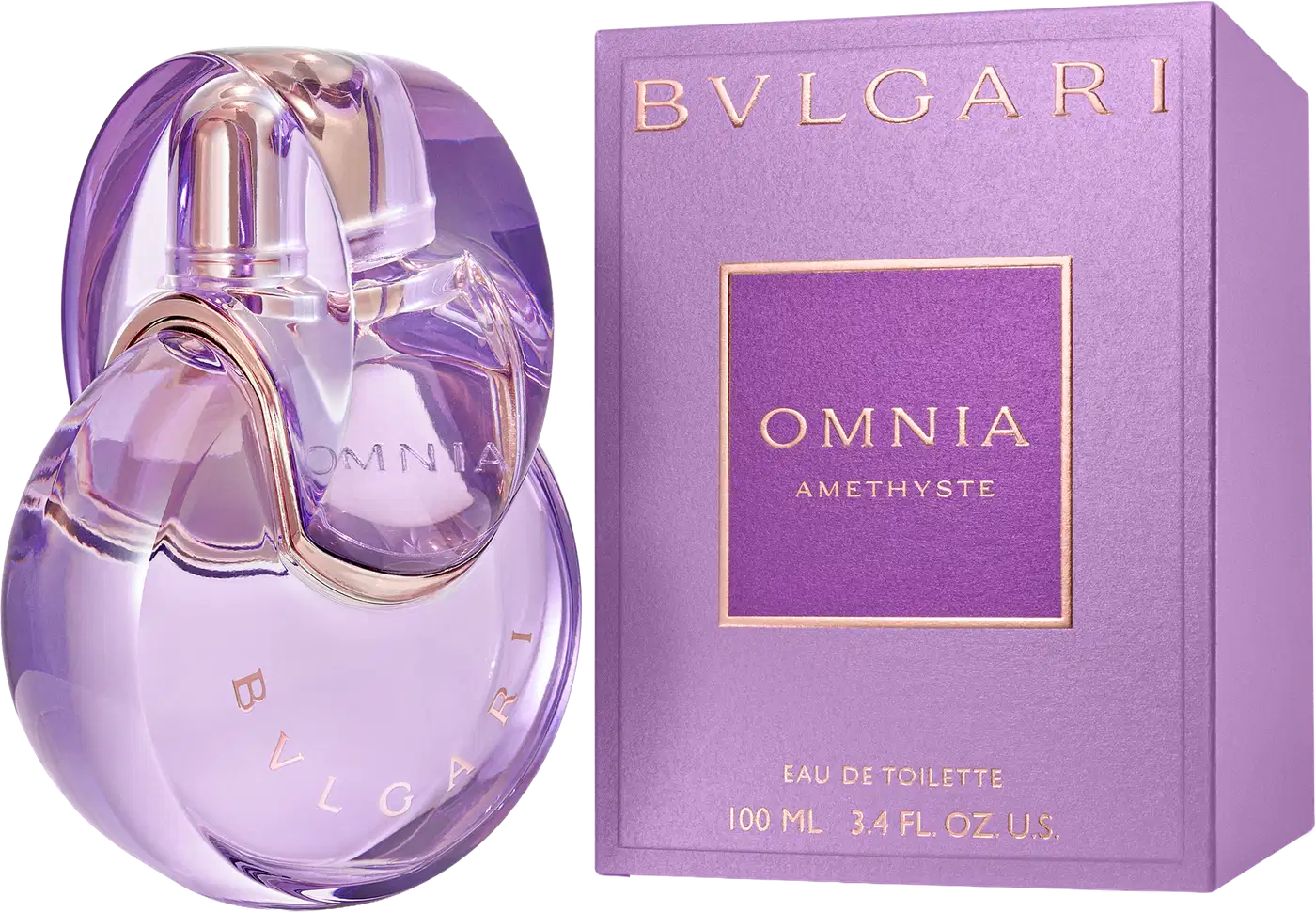 Item de perfumaria em formato oval, com tampa e corpo transparentes em tons de roxo e rosa. O rótulo exibe a marca "BVLGARI" em letras douradas. O produto possui um design elegante e sofisticado.