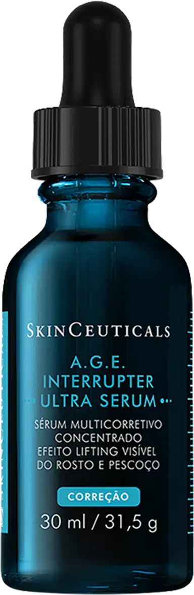 Frasco conta-gotas de 30 ml com sérum multicorretivo concentrado da linha A.G.E. Interrupter Ultra da SkinCeuticals, com efeito lifting visível, em embalagem preta e azul.