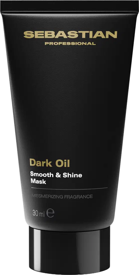 Tubo preto com rótulo dourado da marca Sebastian Professional contendo uma máscara de óleo escuro para cabelos, com a descrição "Dark Oil Smooth & Shine Mask" e fragrância mesmerizante.