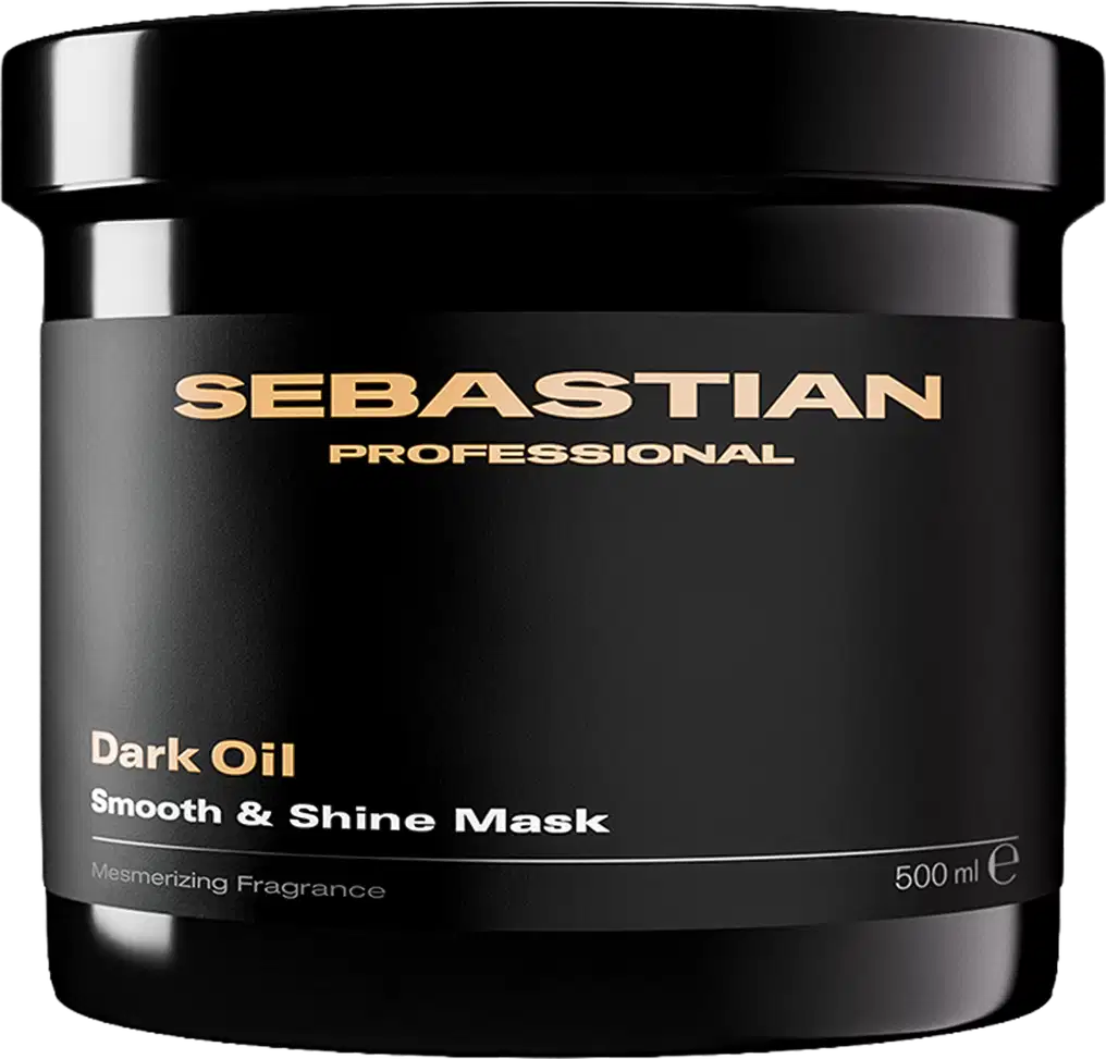 Frasco preto de máscara para cabelos da marca Sebastian Professional, com rótulo dourado indicando "Dark Oil Smooth & Shine Mask" e a capacidade de 500 ml.