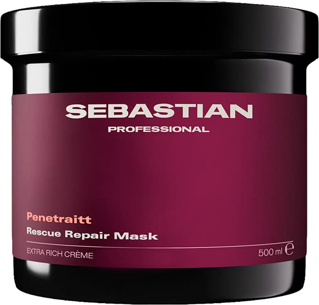 Frasco de máscara de reparação de resgate da marca Sebastian Professional, com embalagem preta e vermelha escura, contendo 500 ml de produto.