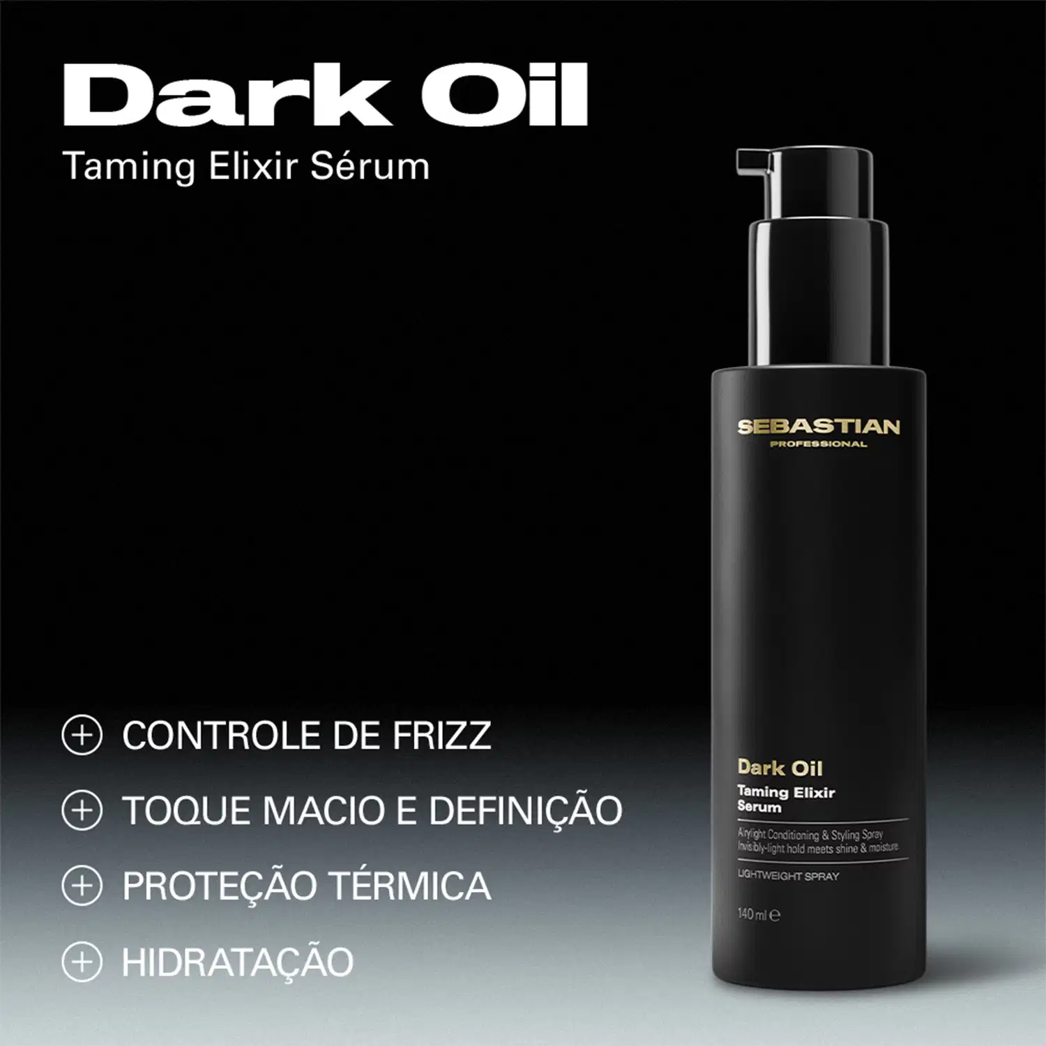 Dark Oil Taming Elixir Serum: Controle de frizz, toque macio e definição, proteção térmica, hidratação.