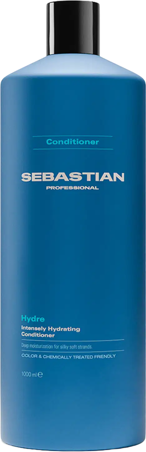 Frasco de condicionador da marca Sebastian Professional, na cor azul, com rótulo destacando o nome da marca e a descrição "Hydro Intensely Hydrating Conditioner". O produto é apresentado em embalagem plástica com tampa preta.