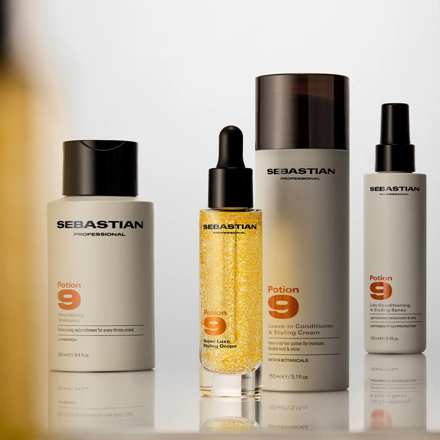 Ambiente de produtos de beleza da marca Sebastian Professional, com embalagens em tons de cinza e dourado, destacando os itens da linha Potion 9 para cuidados com os cabelos.