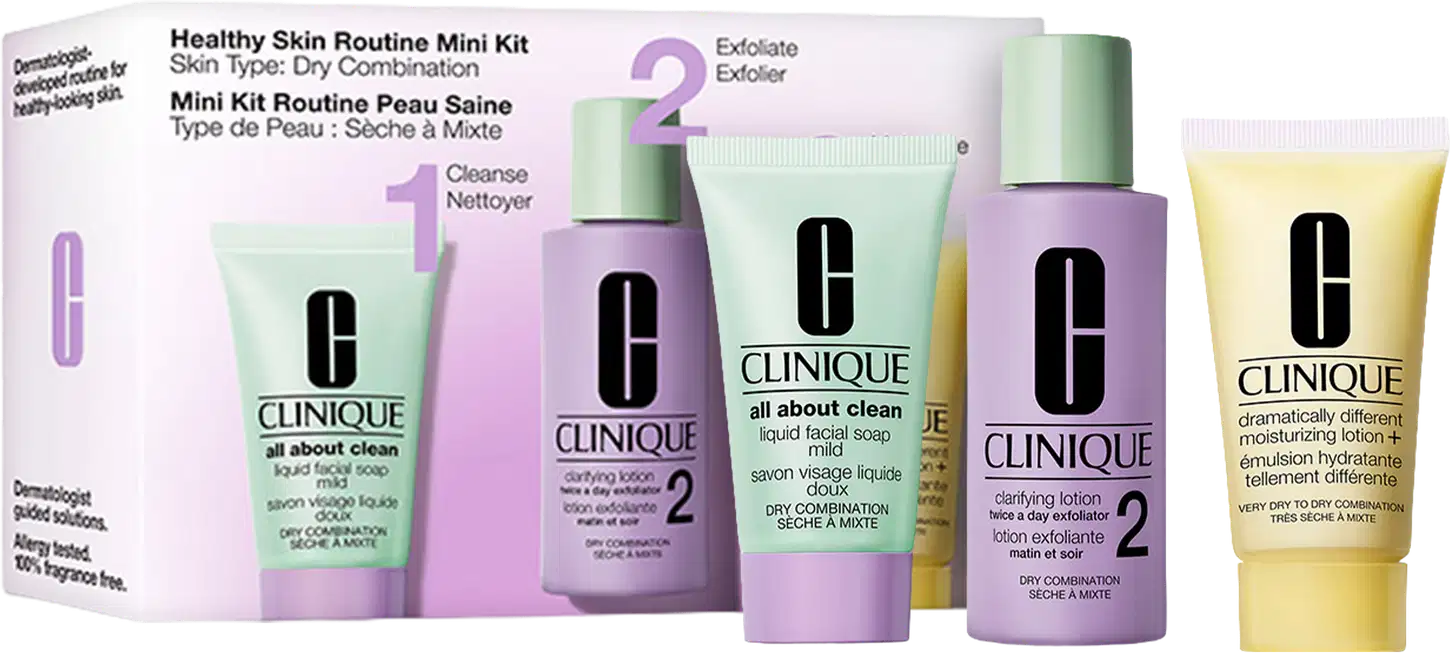 Caixa de kit de rotina de pele saudável para pele seca e mista. Contém limpador, esfoliante, loção clarificante e hidratante. Embalagem com frascos e tubos nas cores verde, lilás e amarelo com logotipo da marca Clinique.