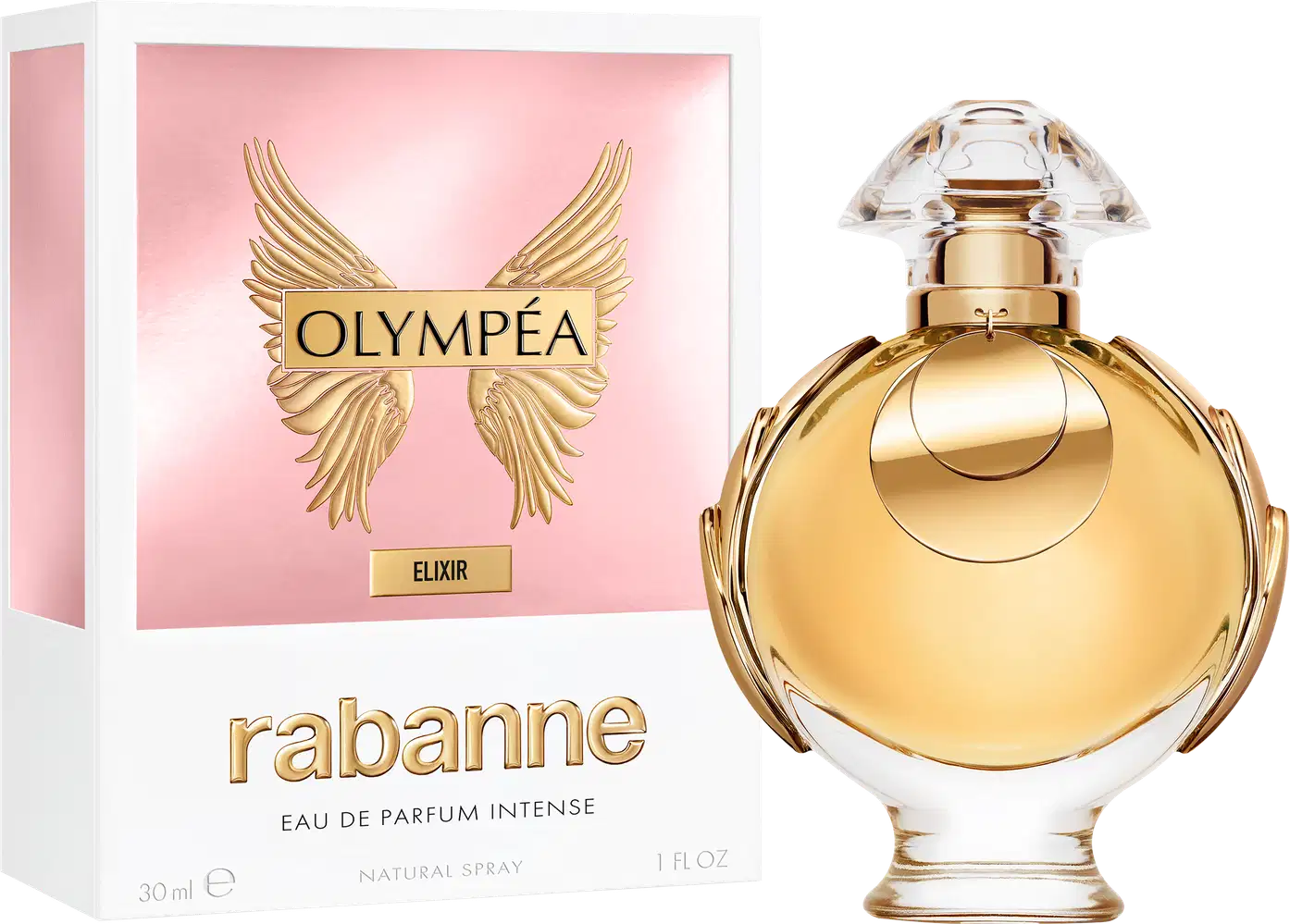 Perfume e caixa Olympéa Elixir Rabanne Eau de Parfum Intense, recipiente dourado em forma de cúpula com detalhes em relevo. Possui tampa arredondada e corpo esculpido com linhas curvas. Rótulo com nome da marca "Rabanne" em destaque. 