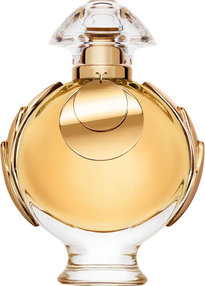 Perfume Olympéa Elixir Rabanne Eau de Parfum Intense, recipiente dourado em forma de cúpula com detalhes em relevo. Possui tampa arredondada e corpo esculpido com linhas curvas. Rótulo com nome da marca "Rabanne" em destaque. 