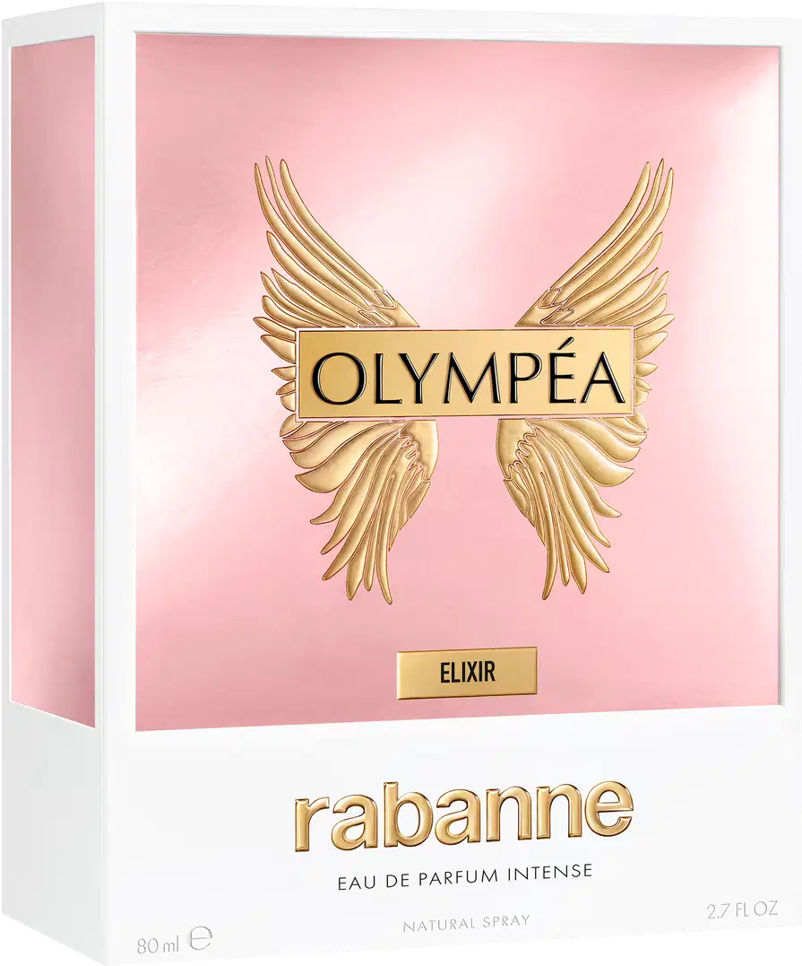 Caixa branca retangular com fundo rosa claro. Contém logotipo dourado da marca "Olympéa" e texto "Elixir" em dourado. Embalagem possui asas douradas na parte superior. 