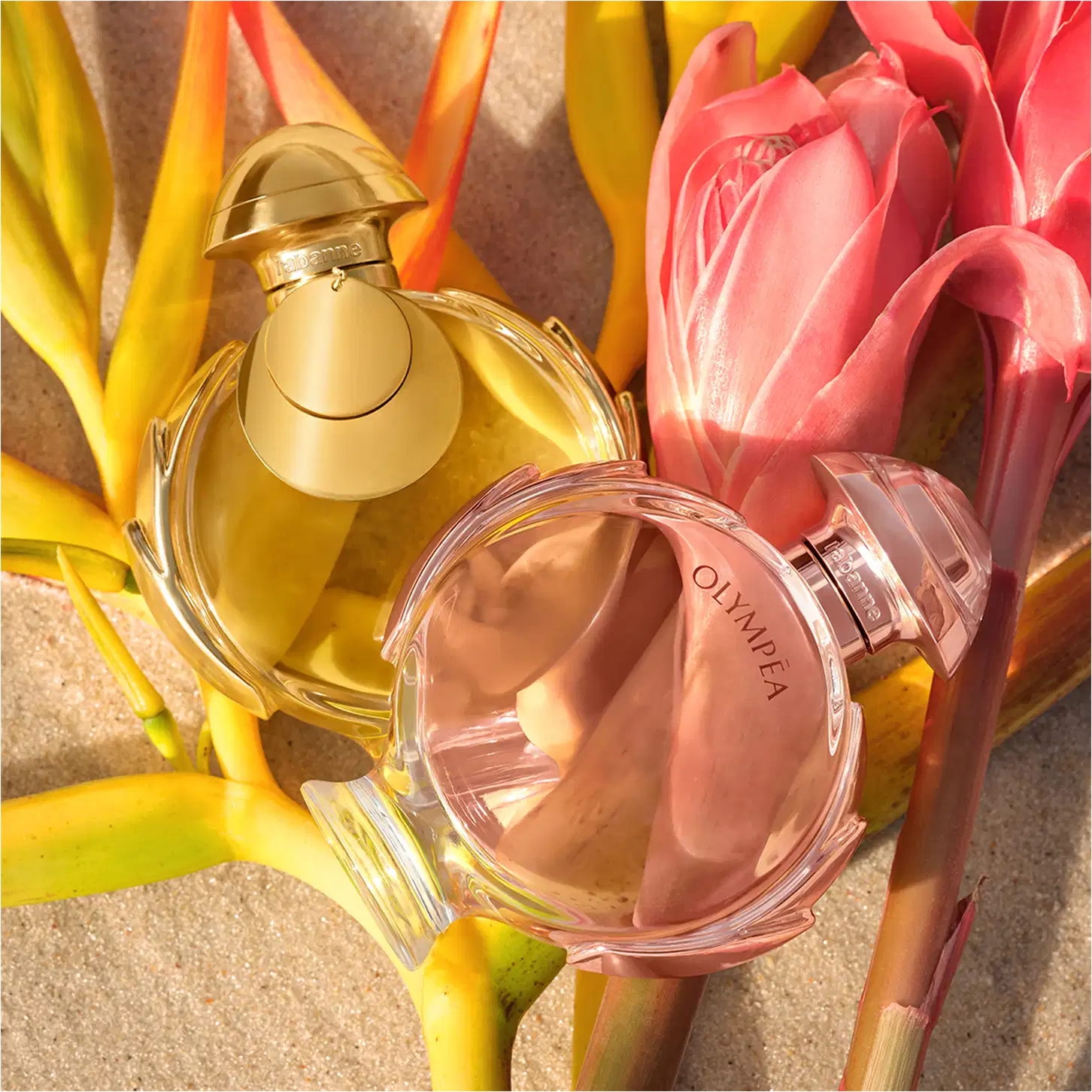 Dois itens de perfumaria em embalagens dourada e rosa, rodeados por flores de tulipa rosa e amarela, em um cenário com tons quentes e vibrantes, sugerindo um ambiente de beleza e elegância.
